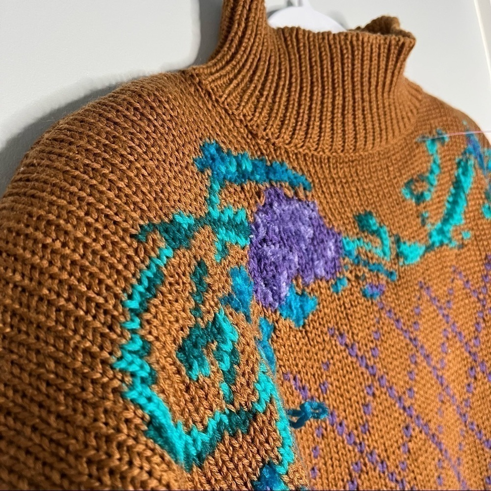 Vintage Caren Sport Brown Floral Ugly Chunky Knit Sweater - Picture 3 of 7